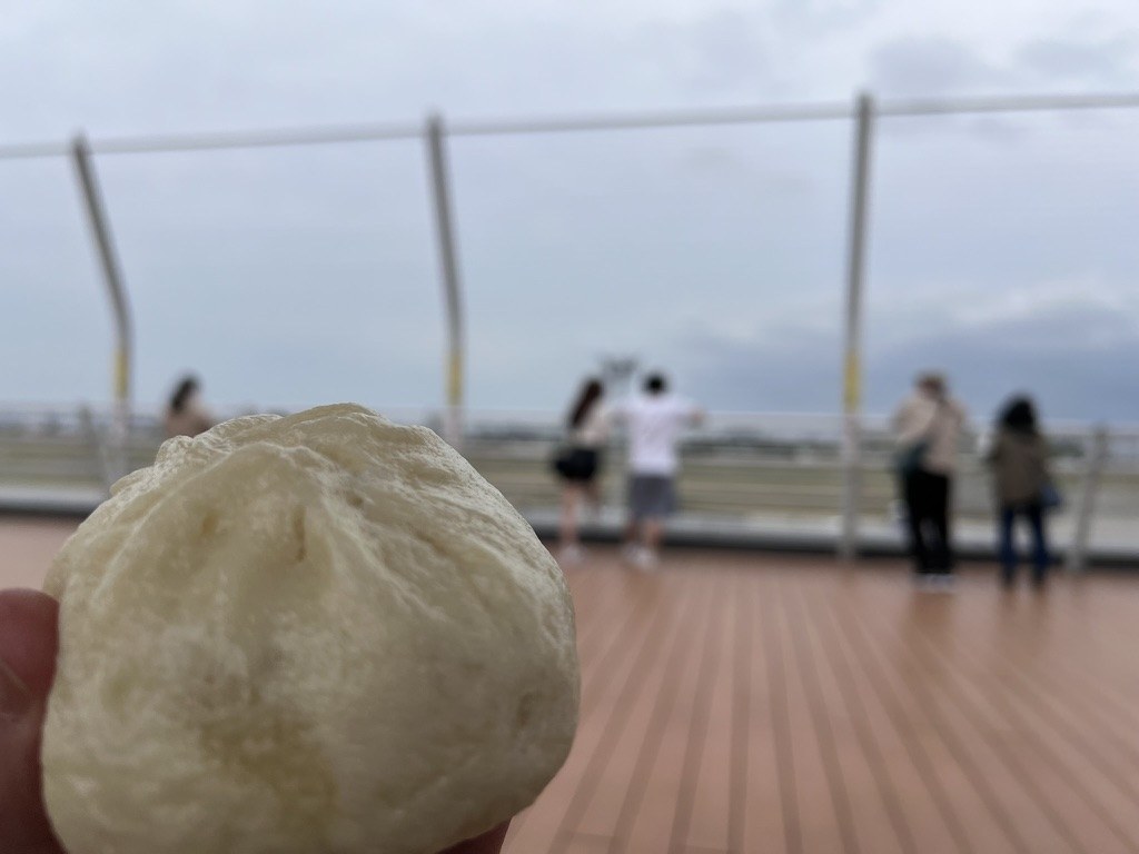 伊丹空港の展望デッキで手に持った551蓬莱の豚まん