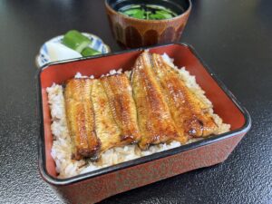 たたみ家のうな重。赤と黒の重箱に蒲焼が2枚